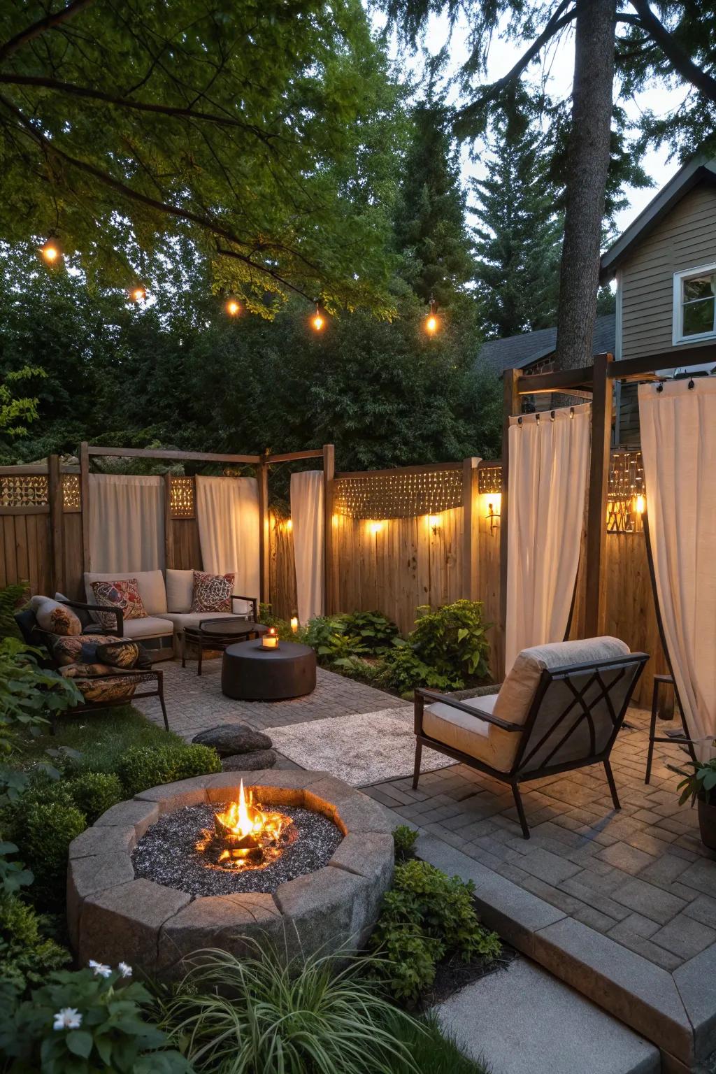 Privacy screens create a secluded and cozy fire pit area.