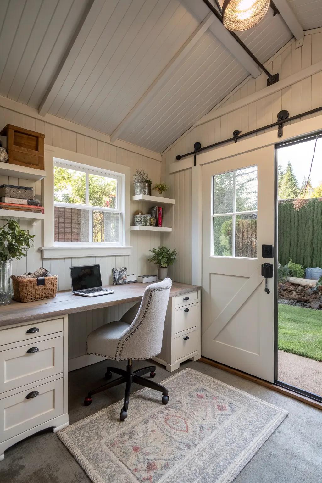 A backyard garage transformed into a peaceful home office.
