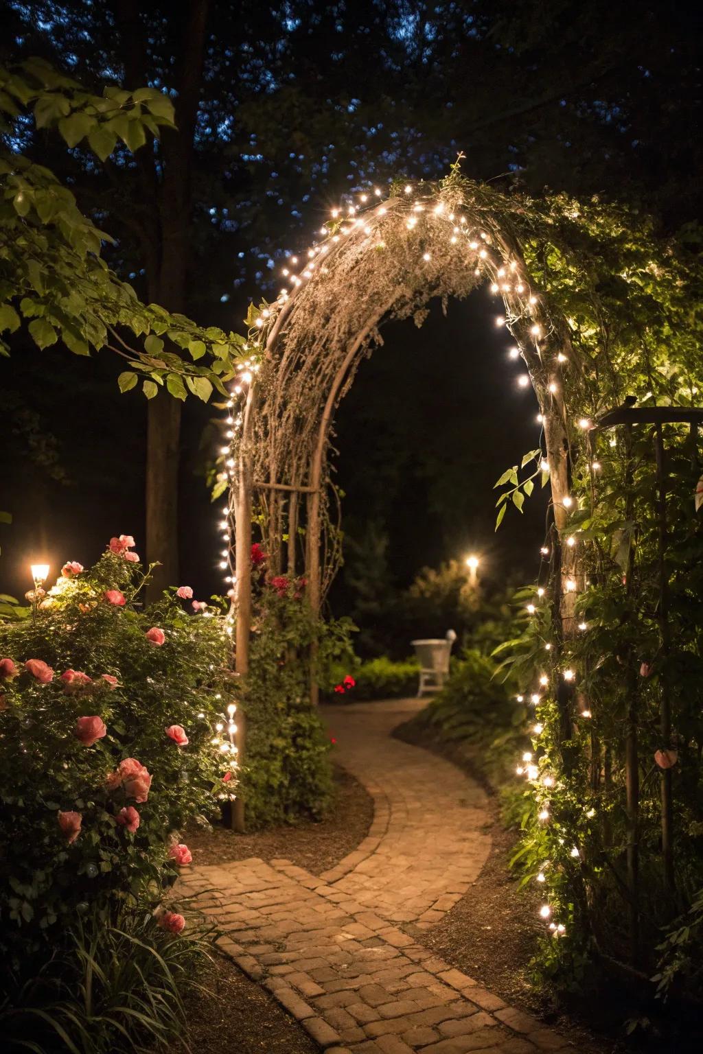 Fairy lights transform garden arches into magical features.