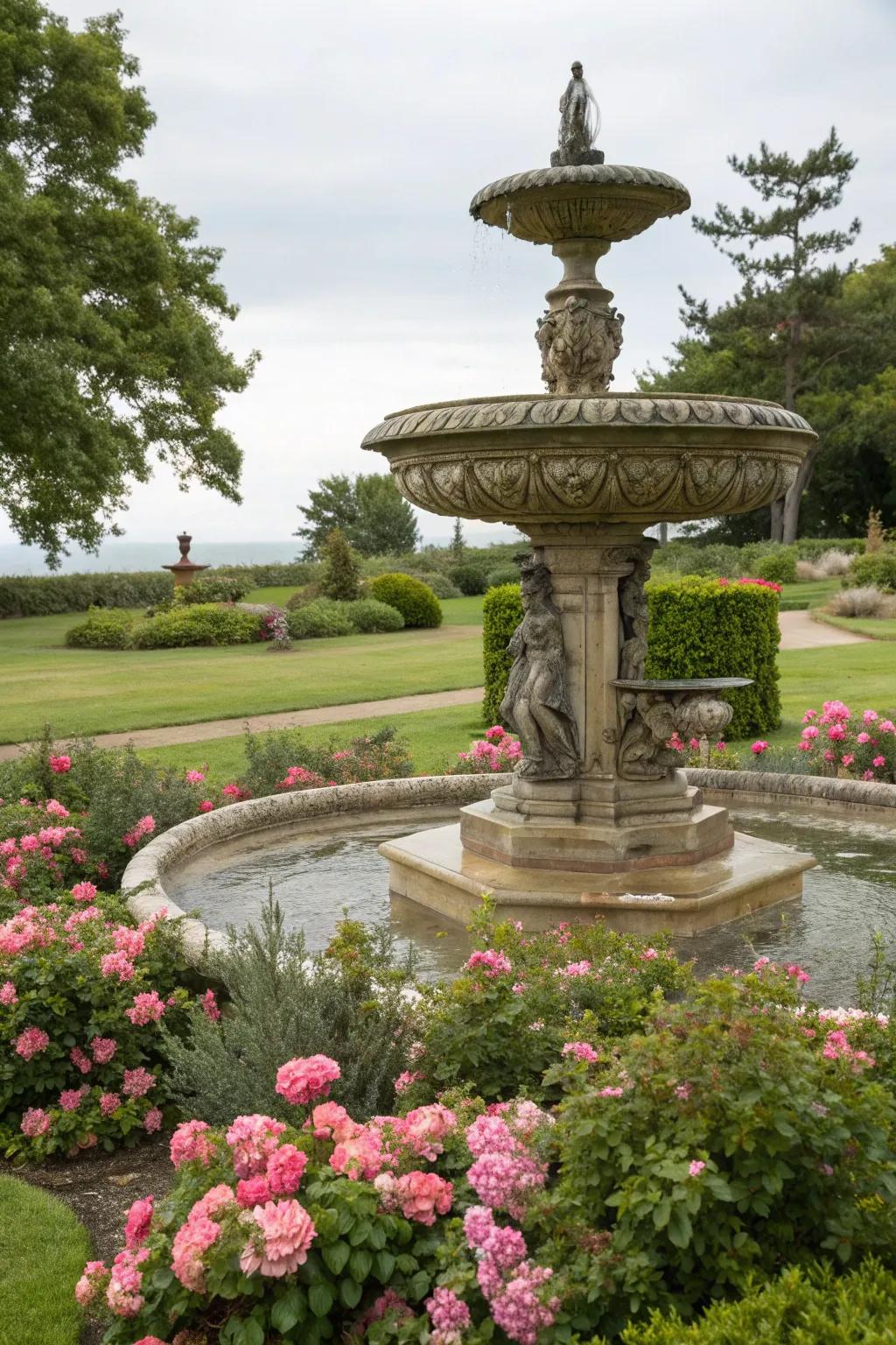 Sculptural fountains add a unique artistic touch.