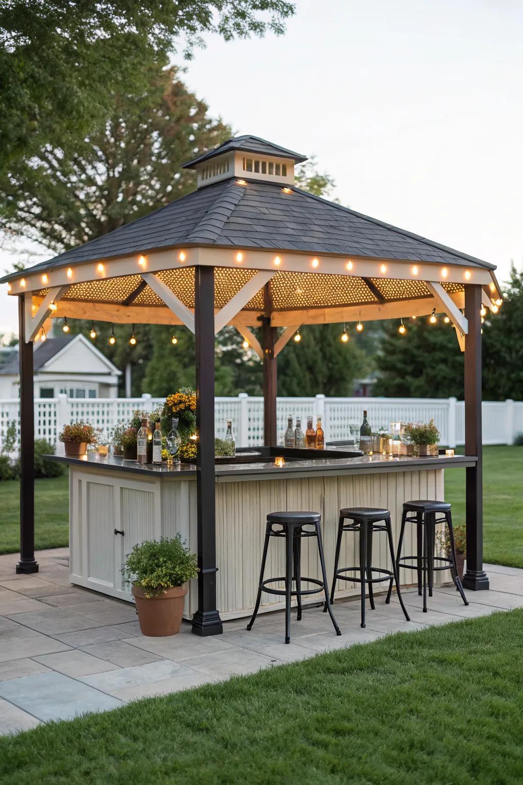 A bar area makes this gazebo the perfect place for entertaining.