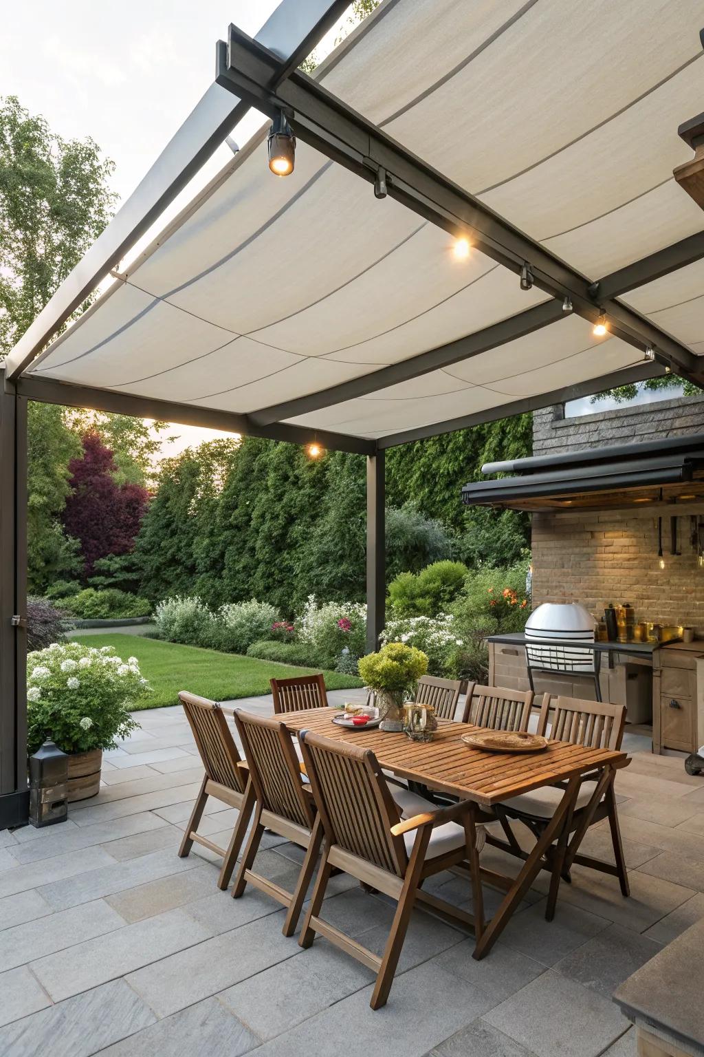 A retractable canopy offers flexible shade for any weather.