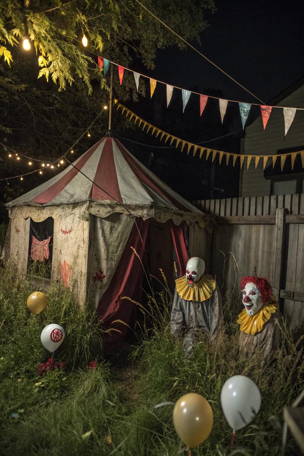 A creepy circus tent adds unsettling whimsy.