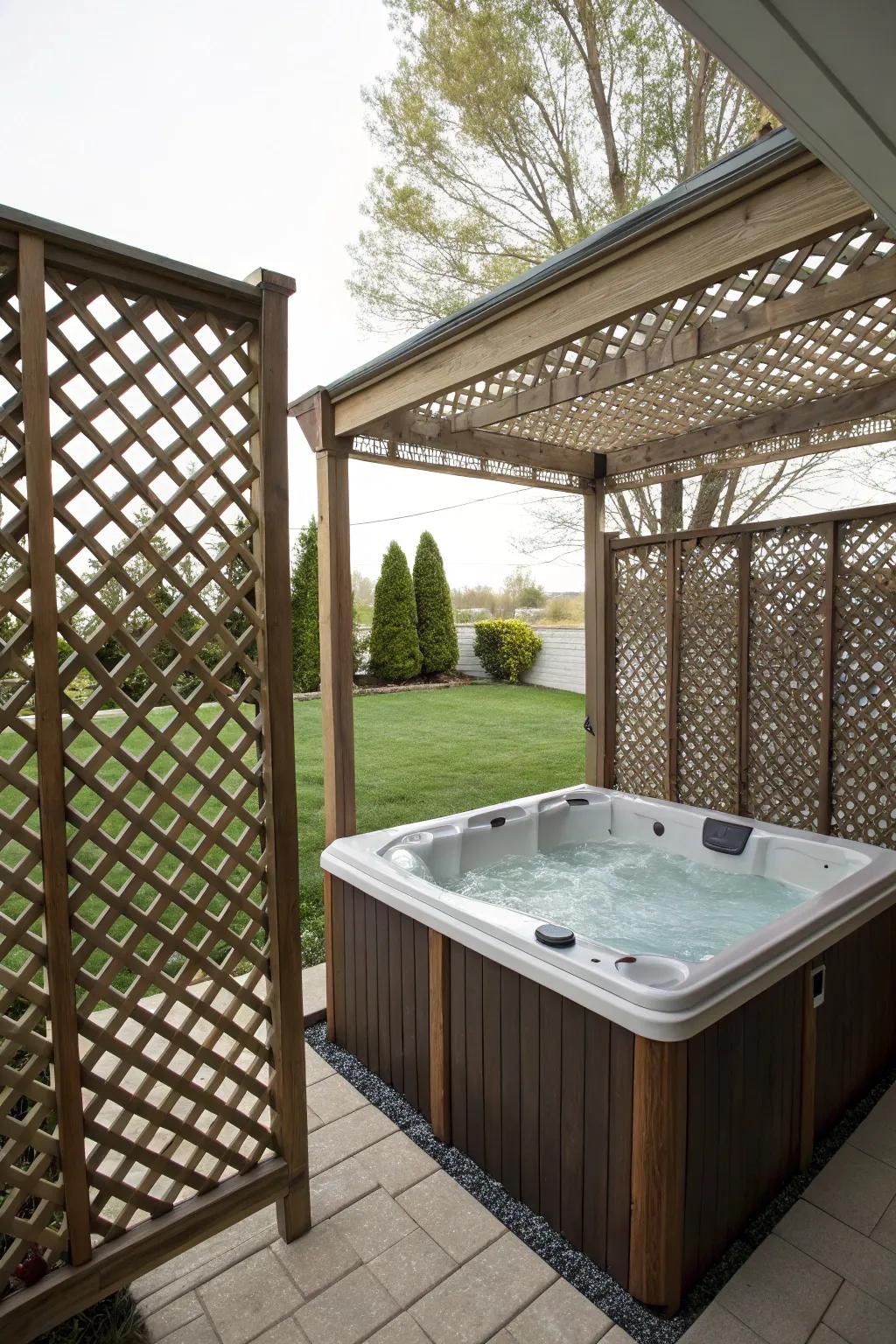 Lattice panels offer privacy and elegance to the hot tub setting.
