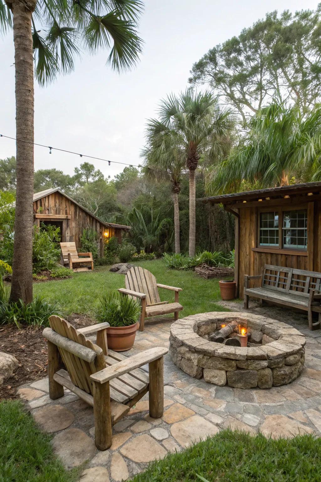 A rustic retreat in a Florida backyard with wooden and stone elements.