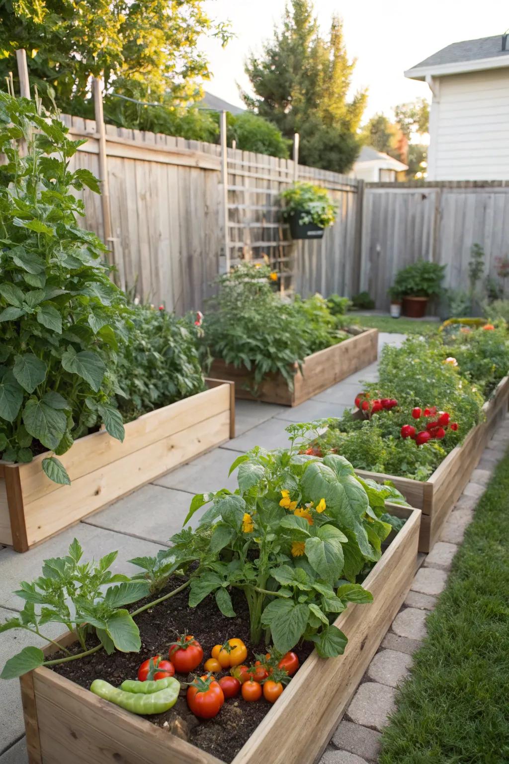Raised garden beds for fresh, homegrown produce.