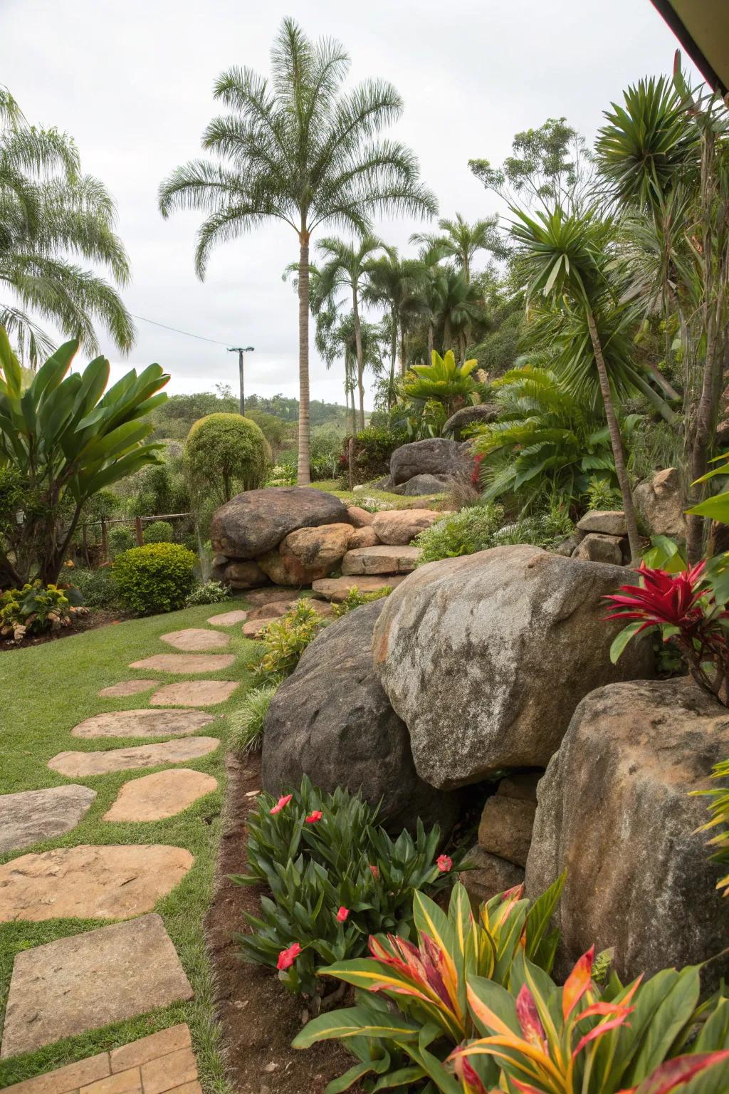 Add rustic charm with natural stone features in your backyard jungle.