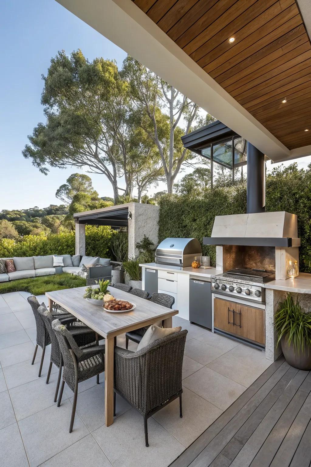 A versatile outdoor kitchen with distinct zones for cooking, dining, and lounging.