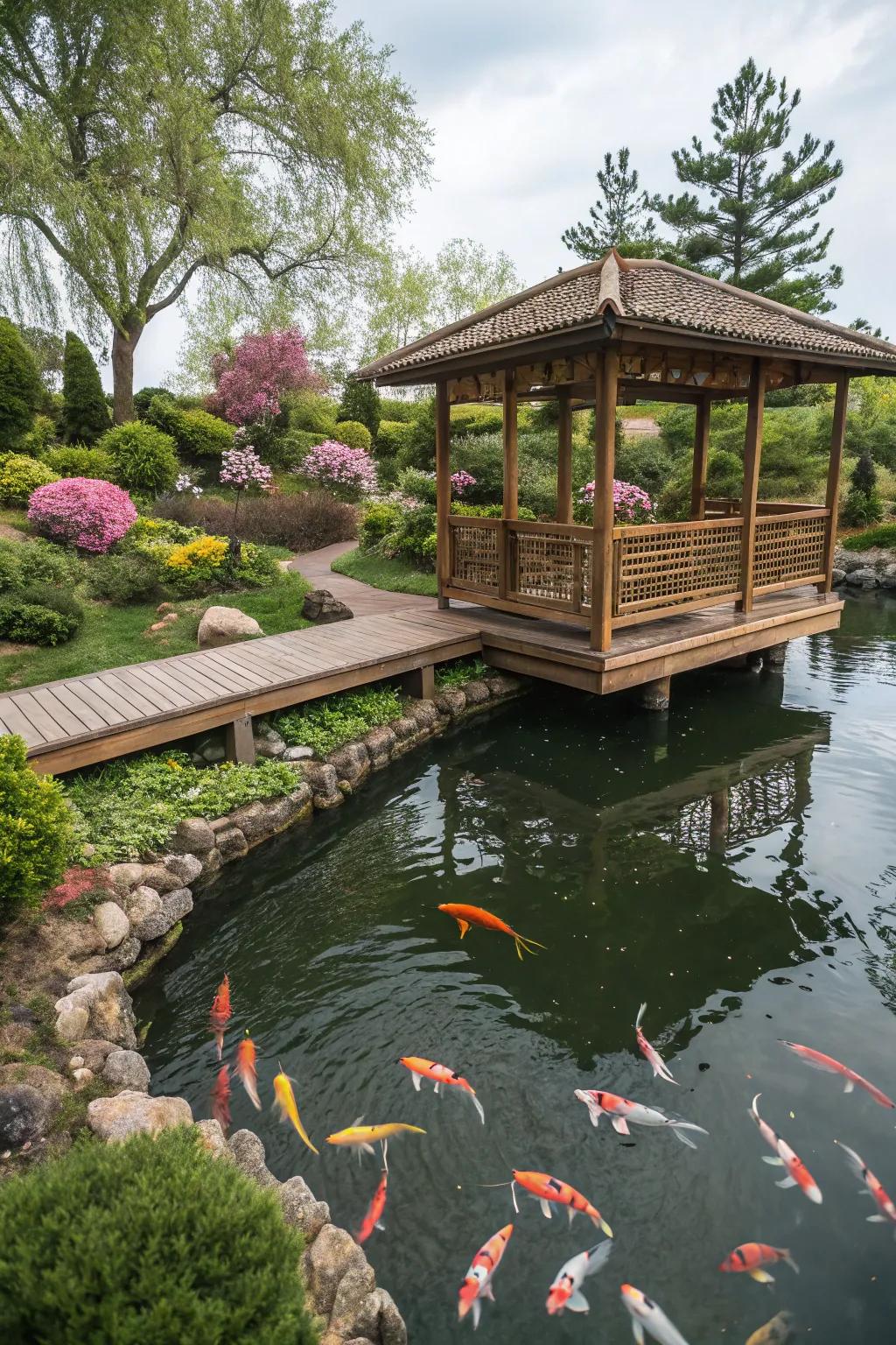 Viewing platforms offer a unique vantage point to admire your koi pond.