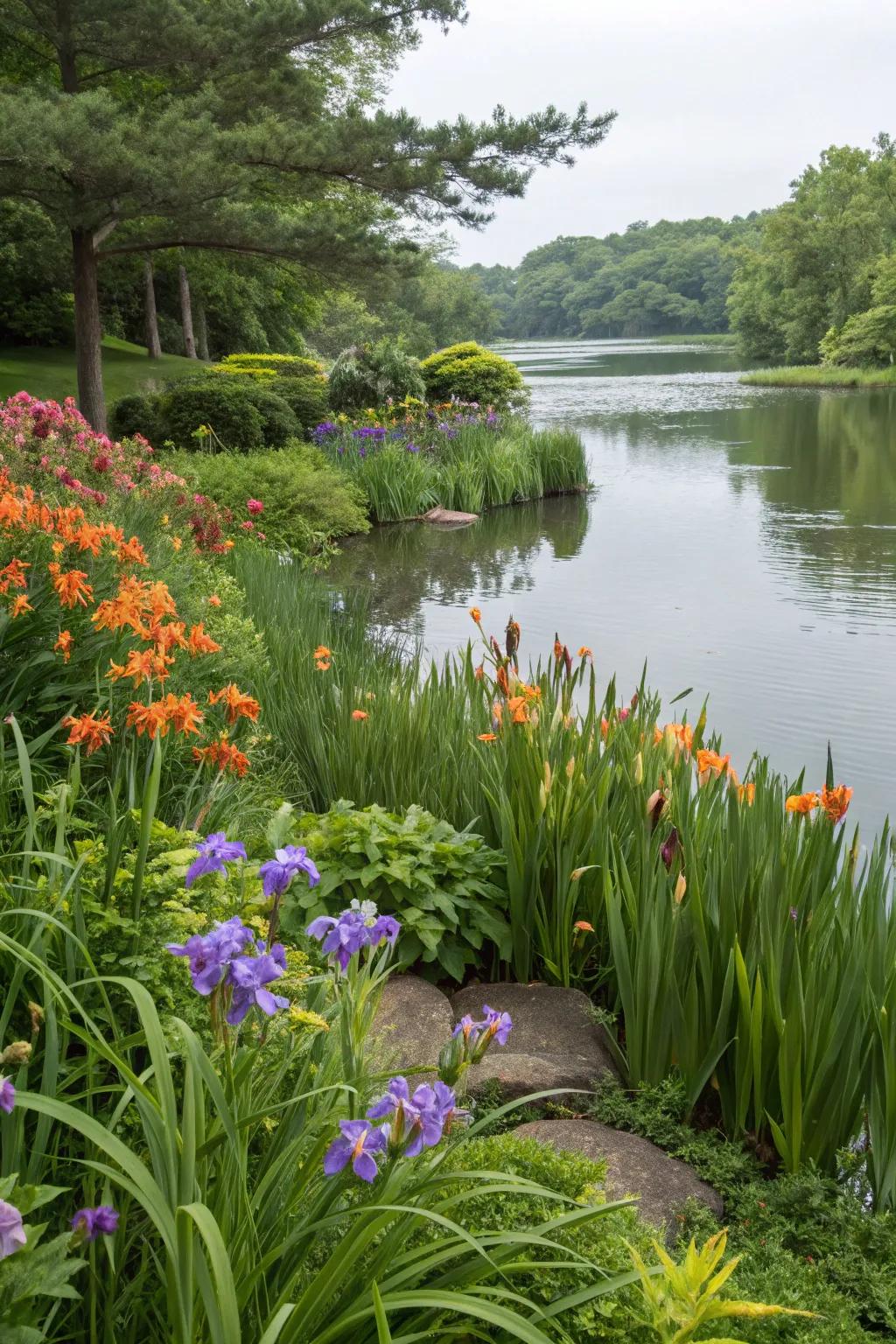 Water-friendly plants thrive lakeside, adding vibrant color.