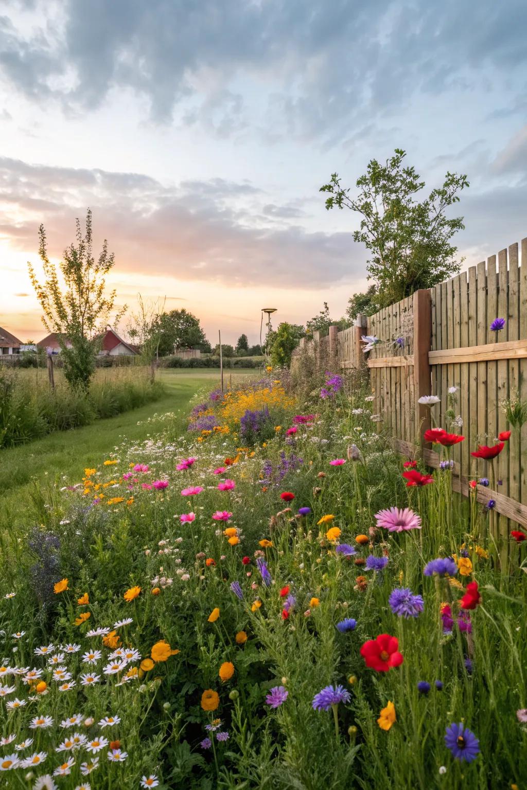 A colorful wildflower meadow adding charm to a backyard.