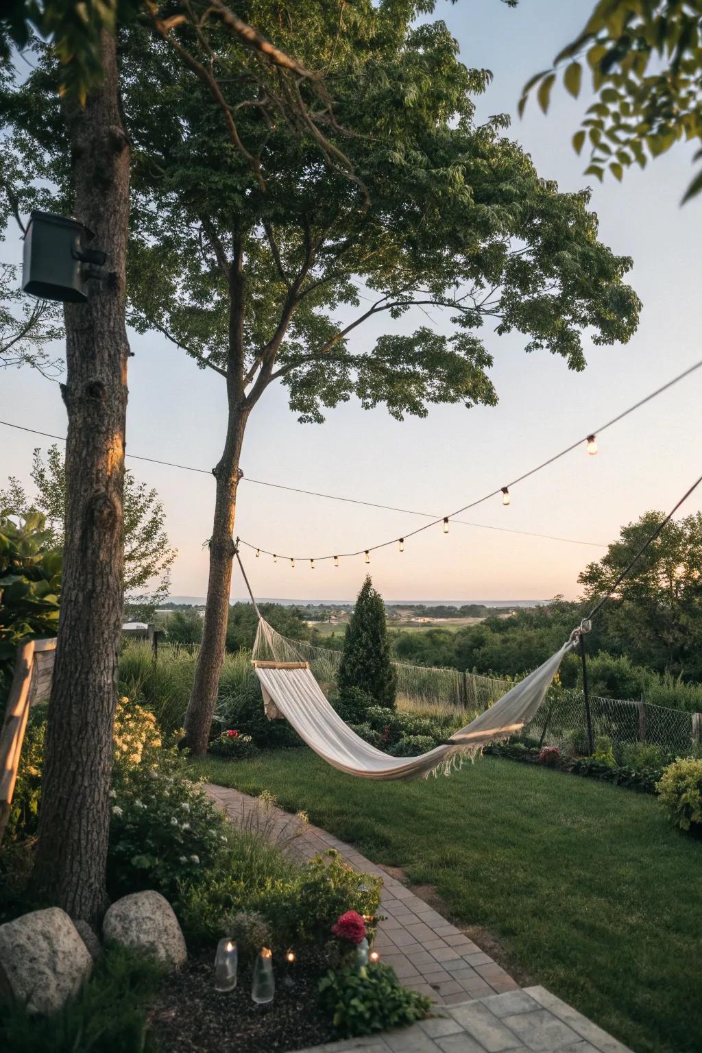 A hammock invites relaxation and leisure time.