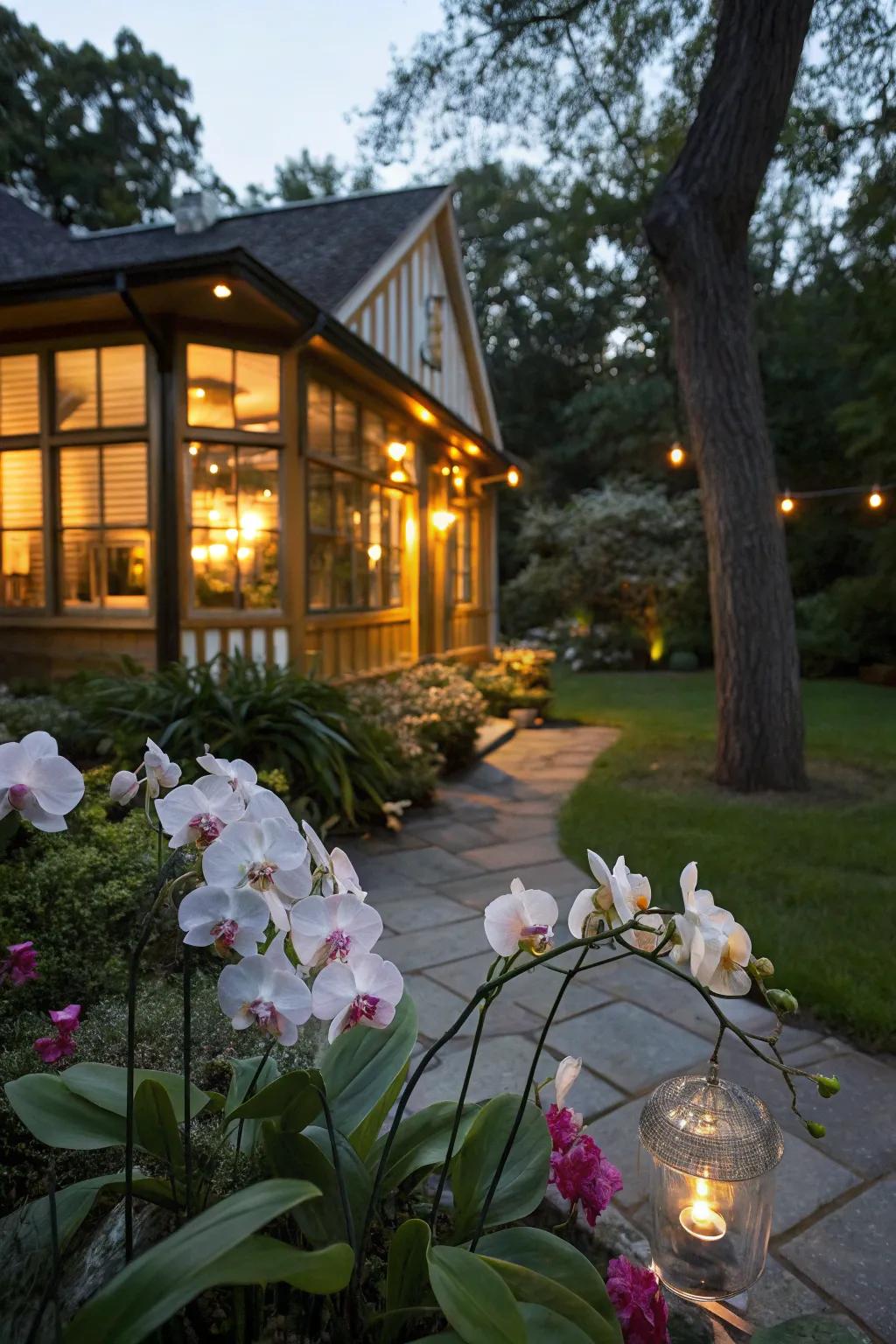 Integrated lighting showcasing orchids at night.