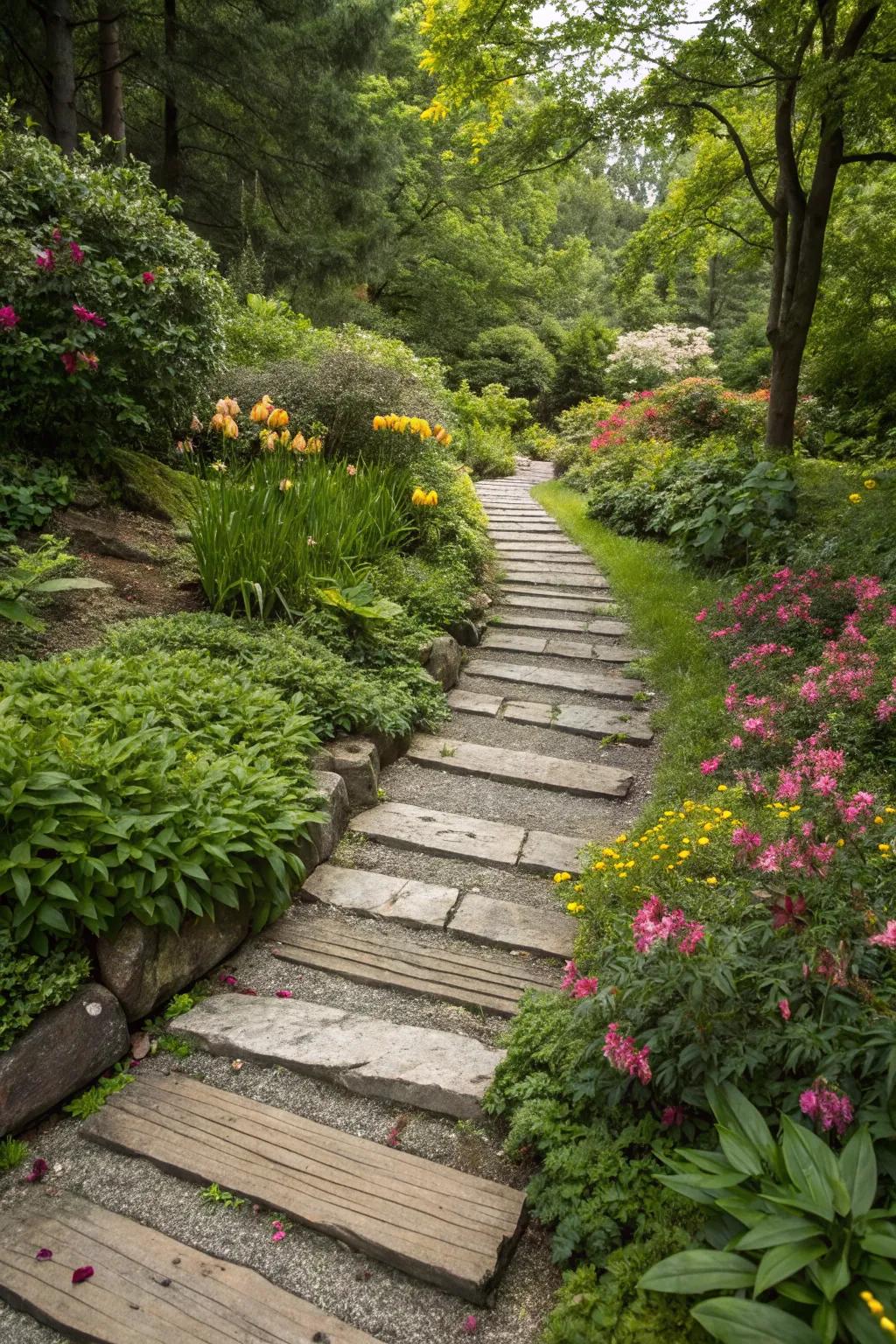 Mixed material paths add visual interest and guide the way.