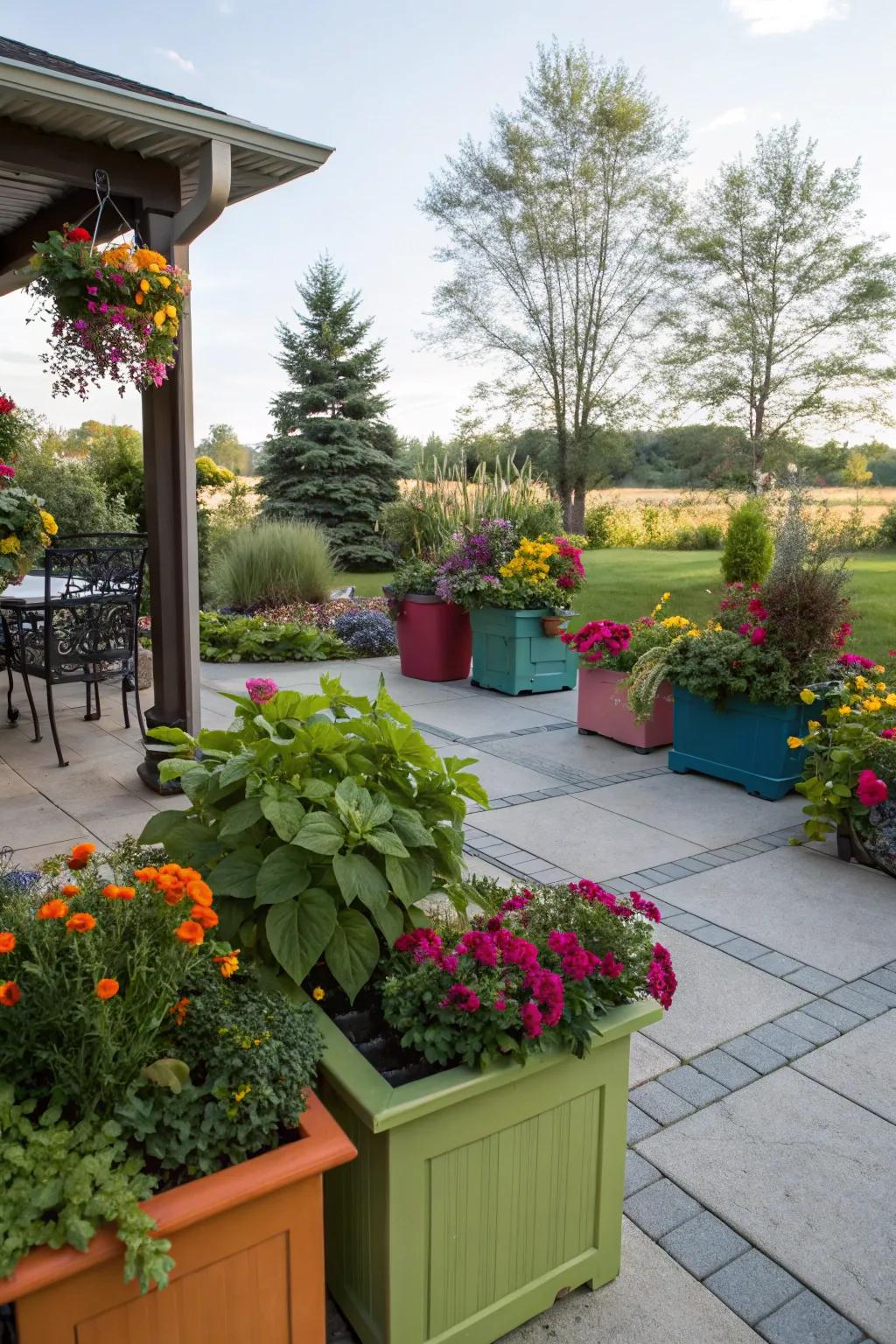 Brighten your patio with colorful plant containers.