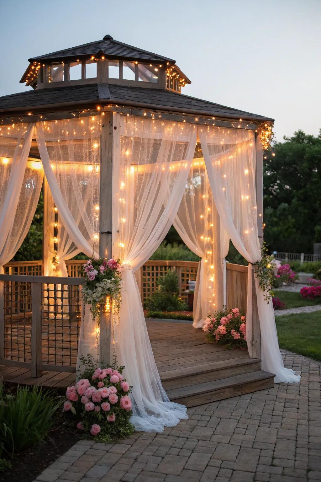 Sheer curtains and soft lighting make for a romantic gazebo retreat.