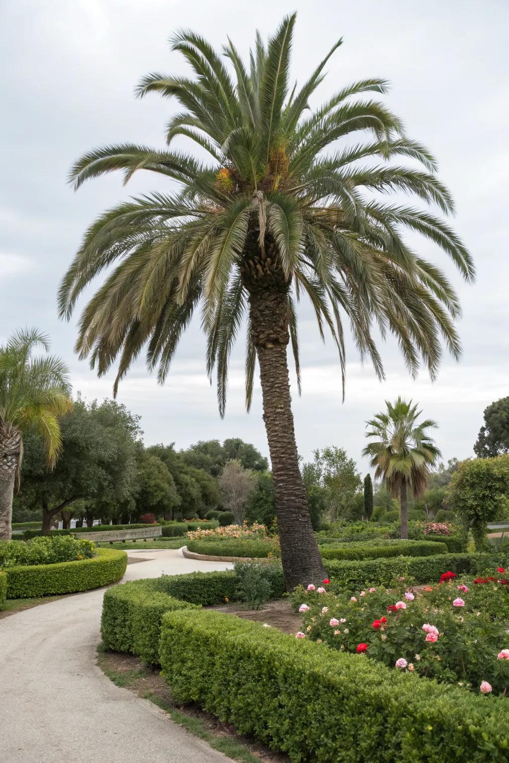 A bold palm tree centerpiece anchors the garden design.