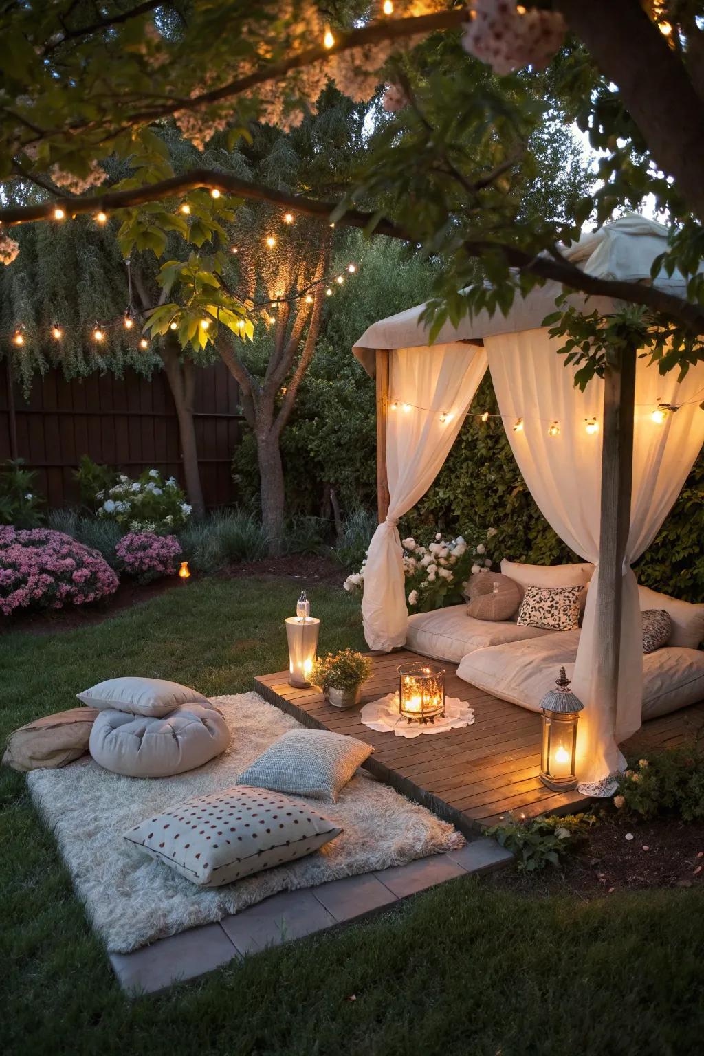 A meditation corner provides a peaceful retreat for relaxation.