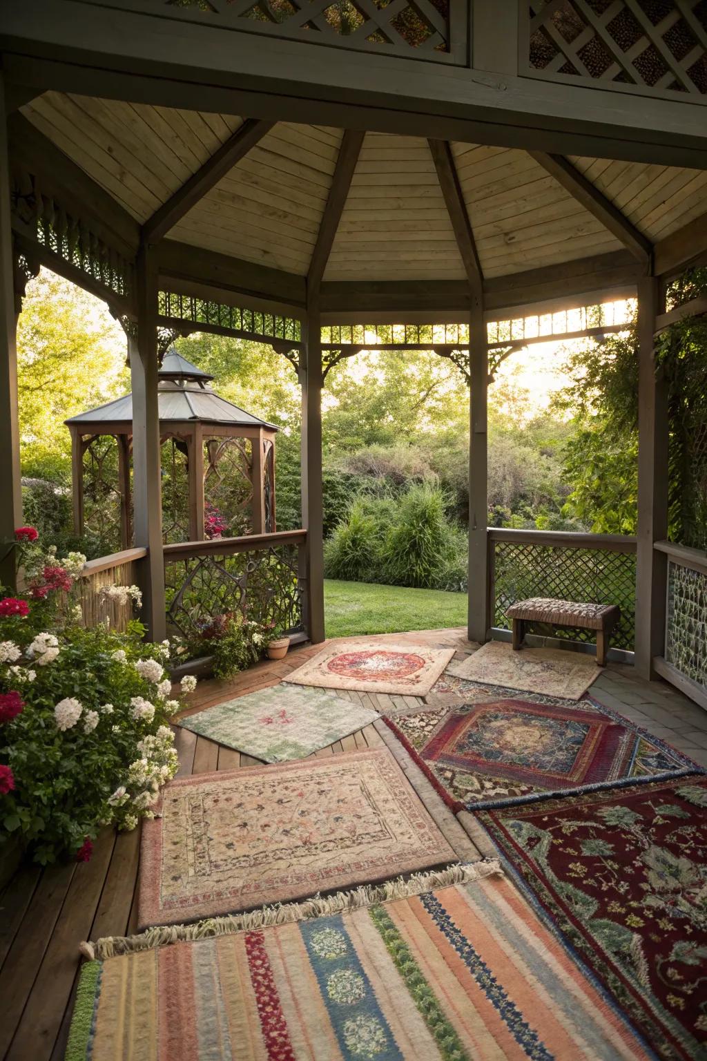 A cozy gazebo interior featuring layered rugs.
