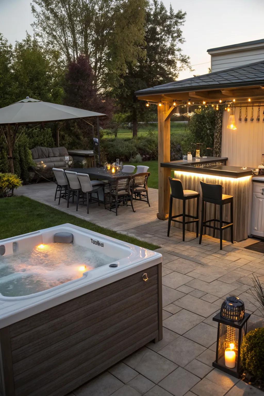 A bar area adds a social element to the hot tub patio.
