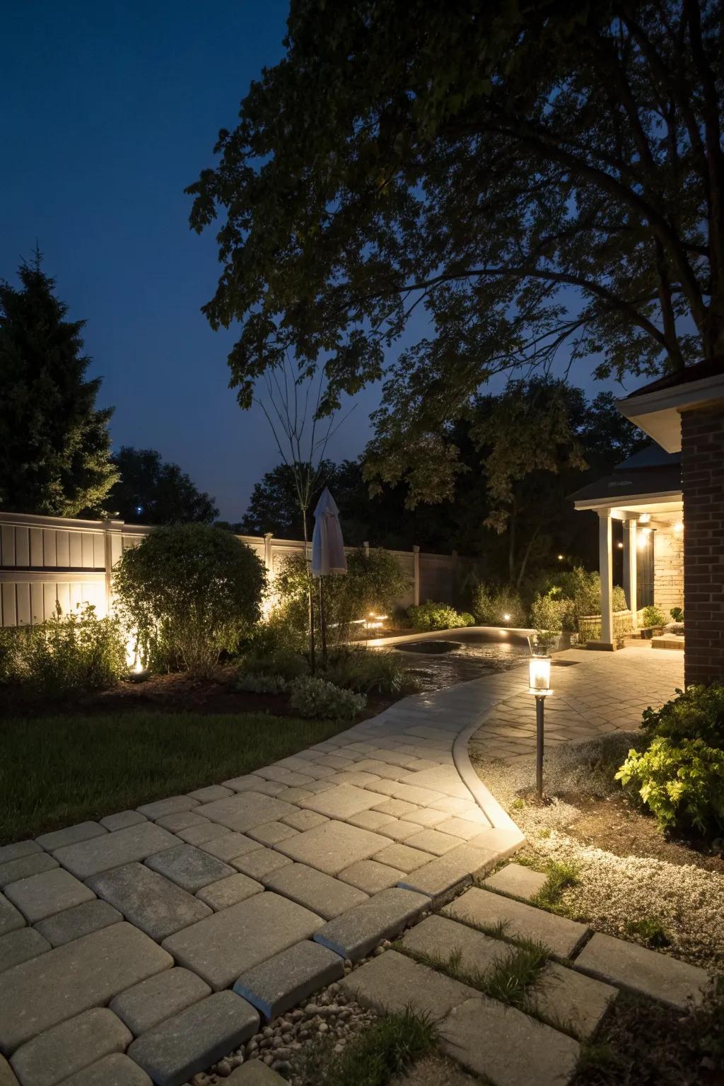 Integrated lighting creating a magical evening ambiance.