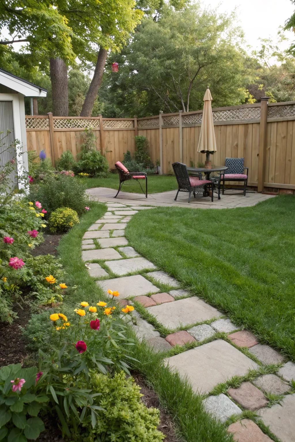 A charming pathway leading to a paver patio