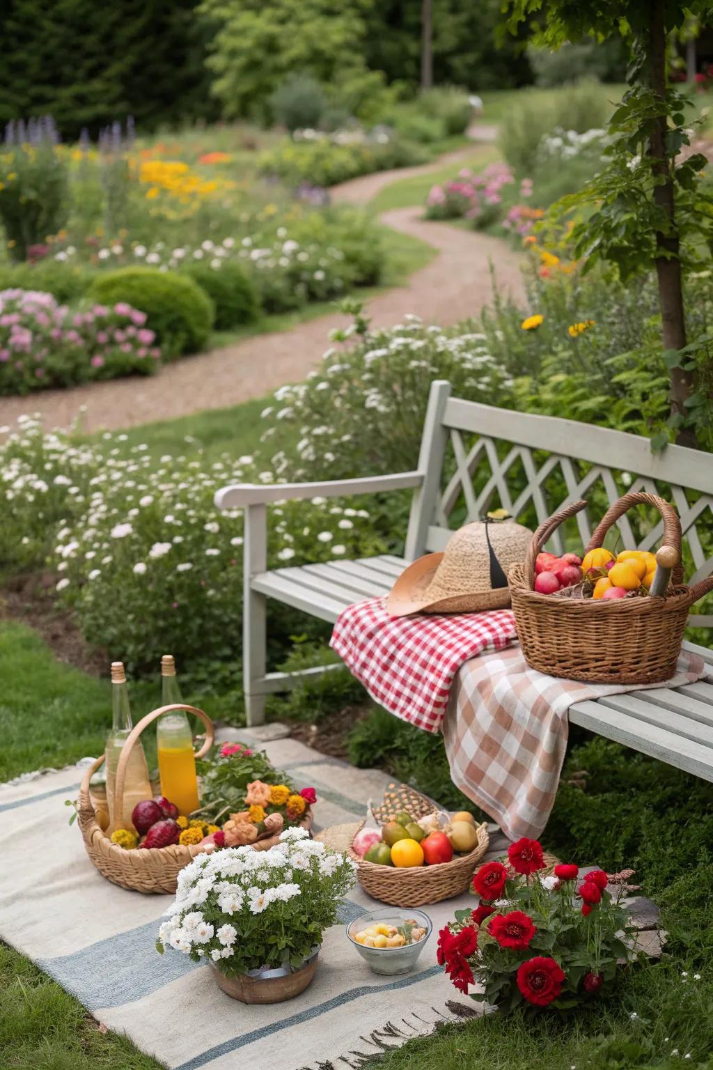A garden bench provides a classic touch to your picnic setting.