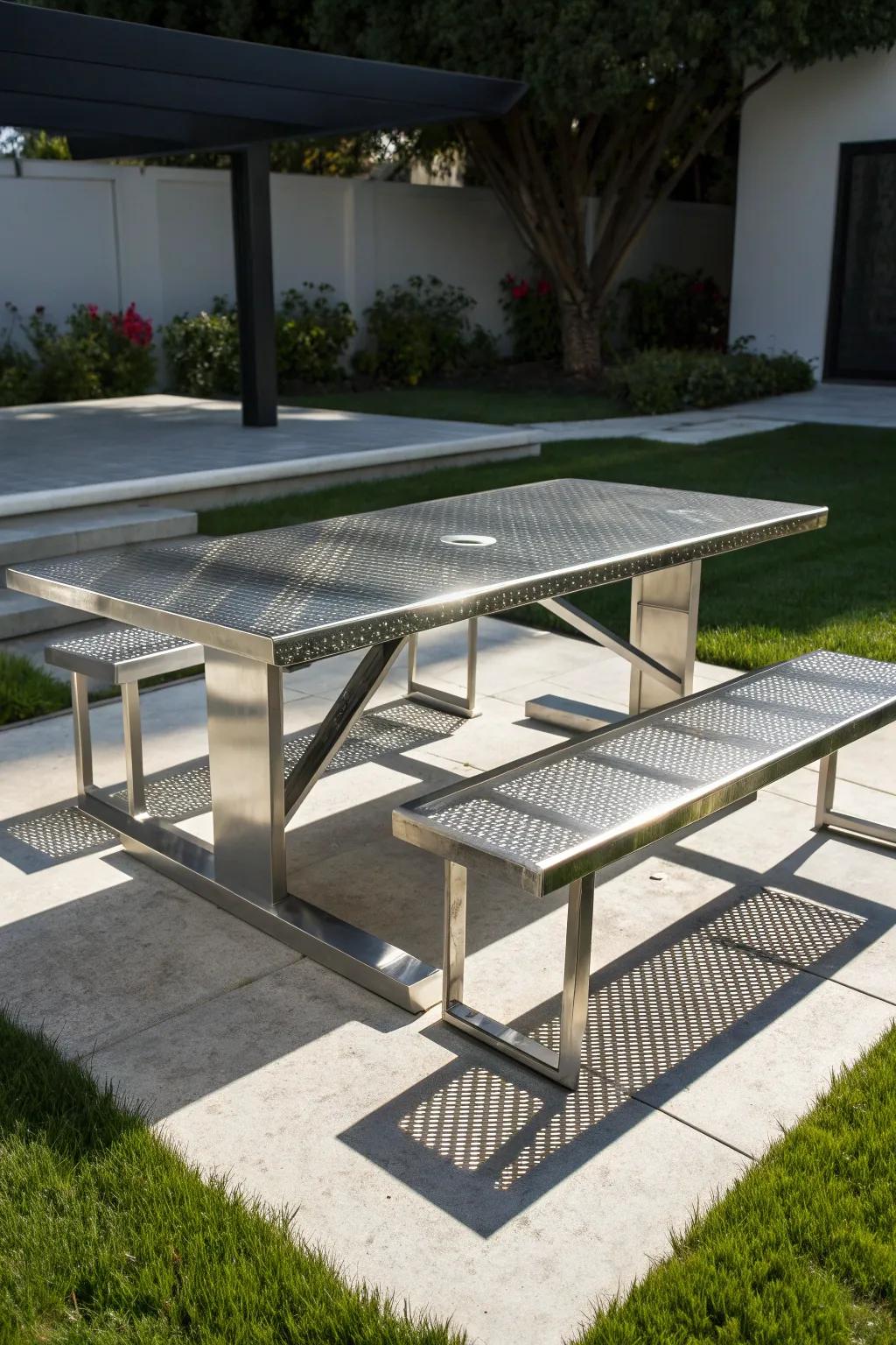 Elevate your outdoor space with a sleek metal picnic table that embodies modern elegance.