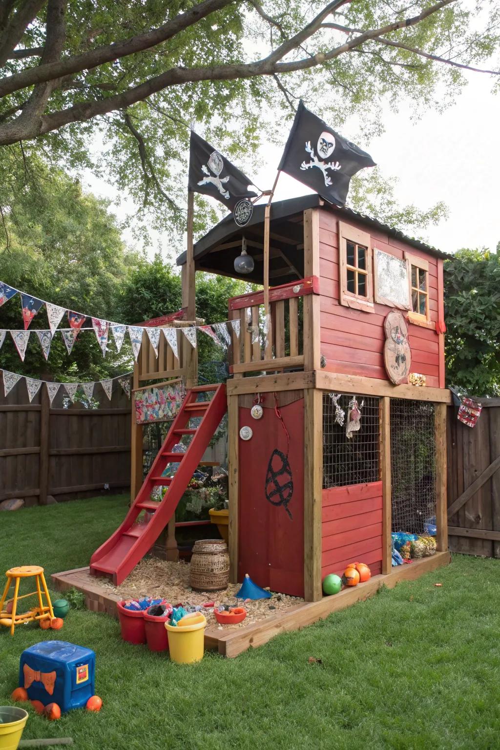 A pirate hideout playhouse invites swashbuckling adventures.