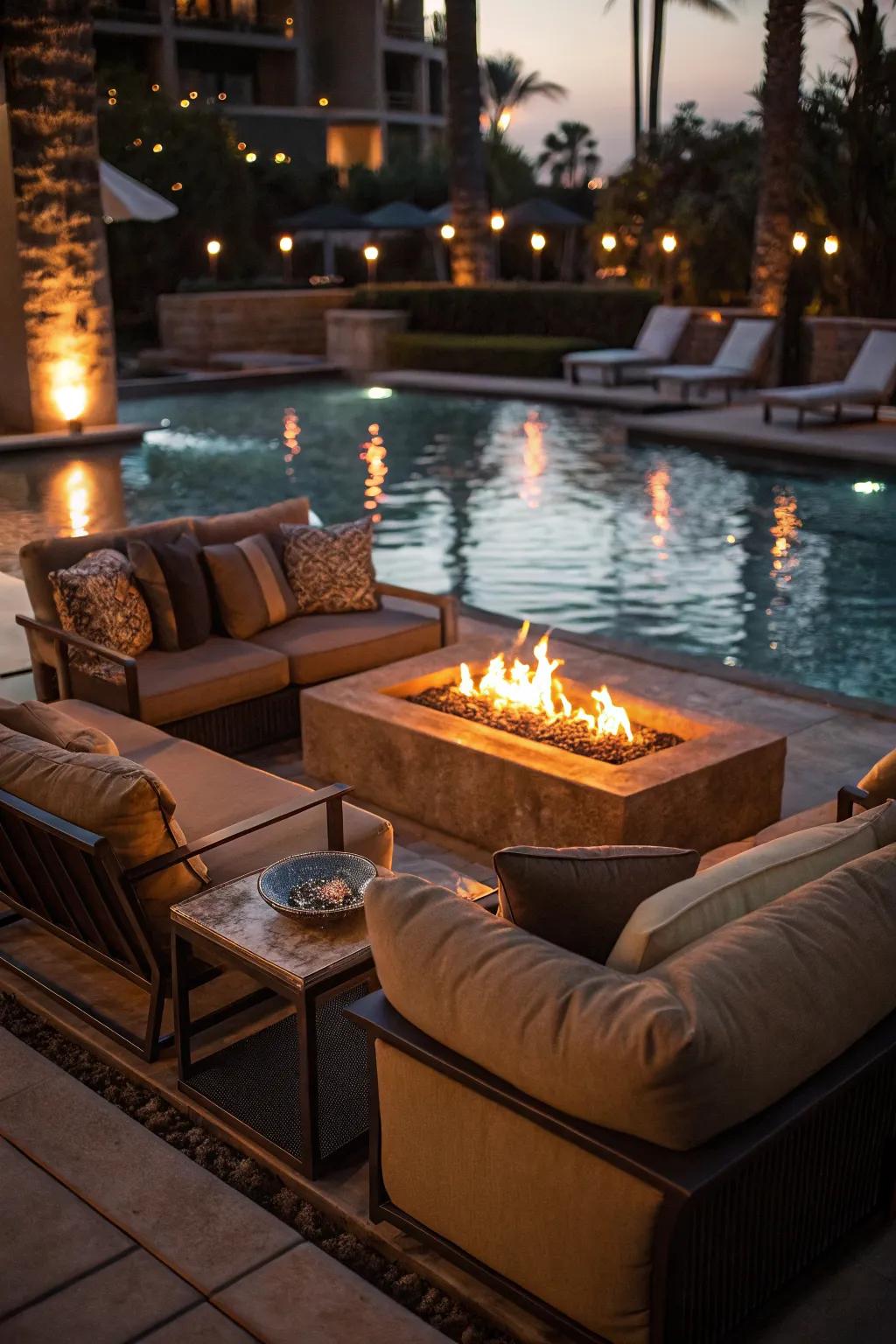 A sunken fire lounge offers an immersive poolside experience.