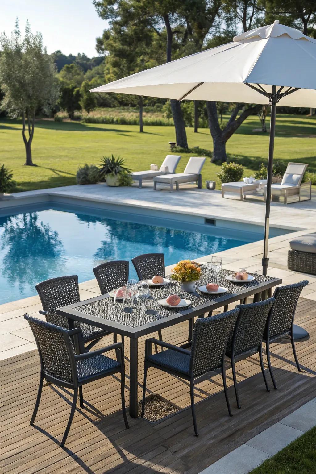 A poolside dining area perfect for outdoor meals and entertaining.