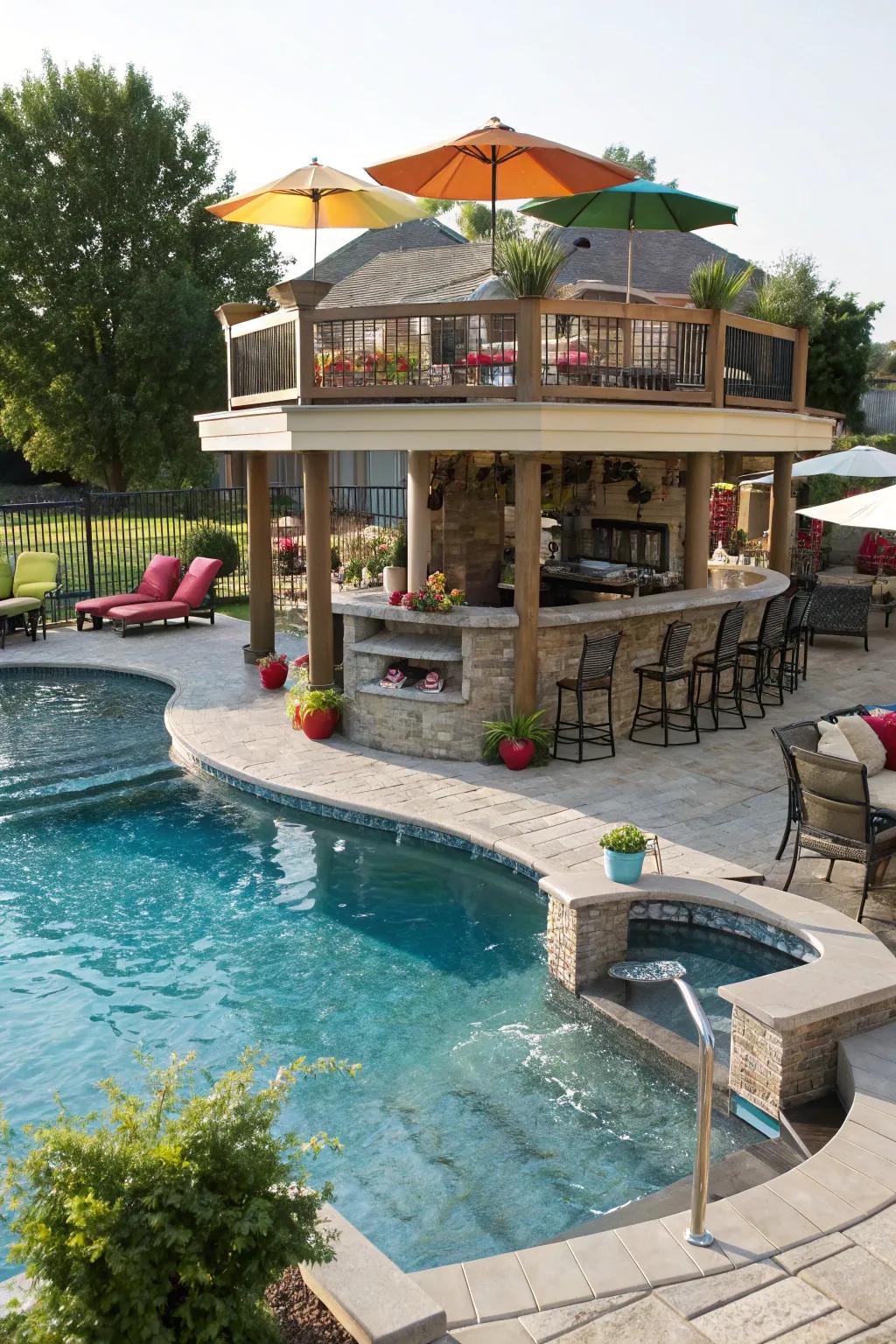 A multi-level design adds depth and versatility to your swim-up bar.