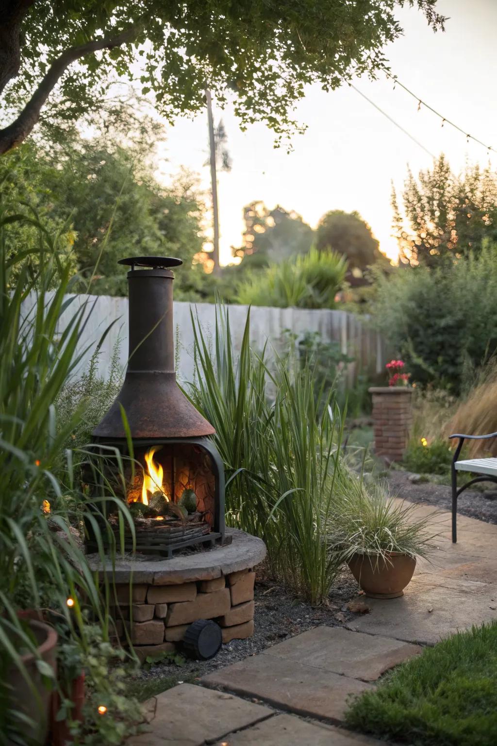 An outdoor fireplace provides warmth and privacy.