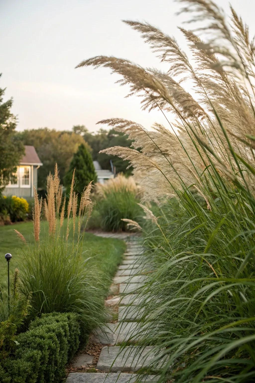 Ornamental grasses add movement and a natural privacy screen.