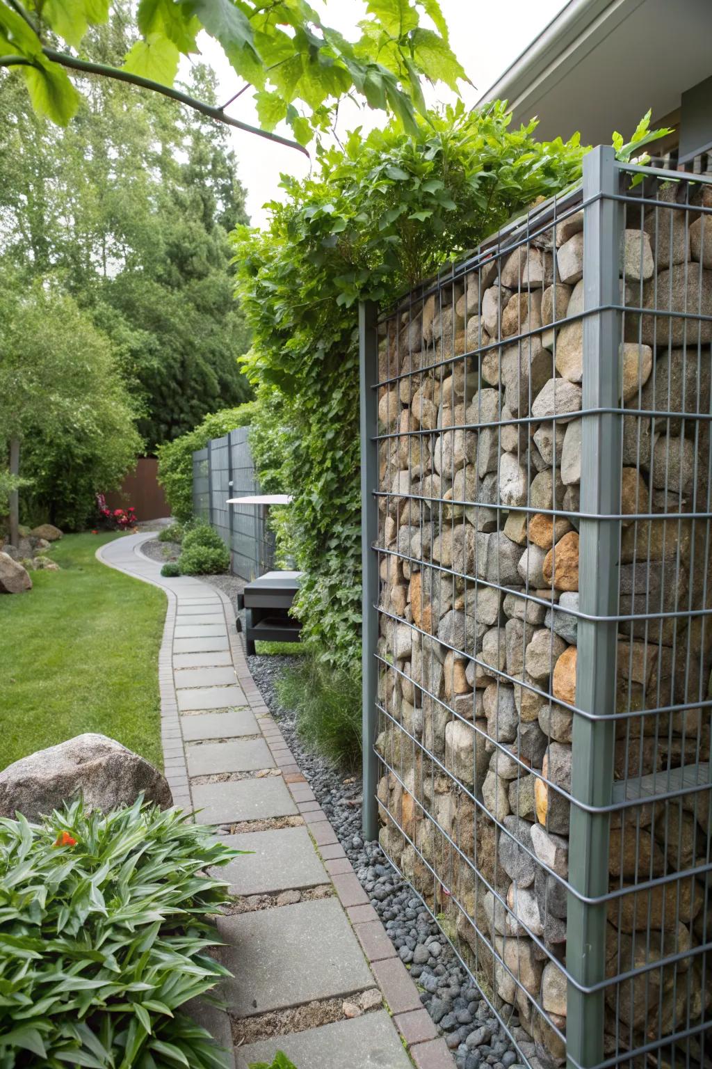 Gabion walls provide a sturdy and stylish privacy solution.