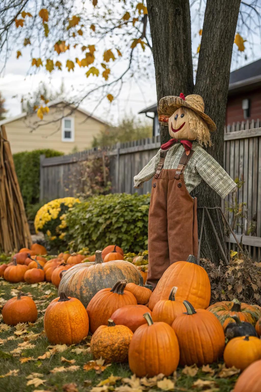 A scarecrow adds a whimsical touch and guards your pumpkin patch.