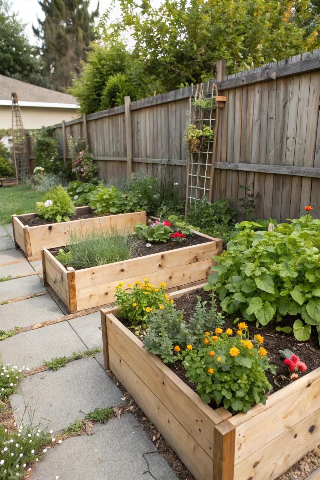 Wine box planters add rustic charm and are perfect for small spaces.