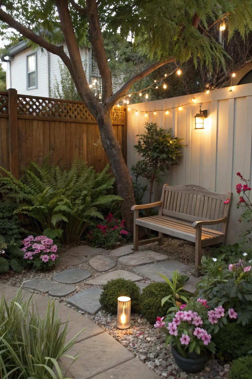 A meditation corner offers peace and tranquility.