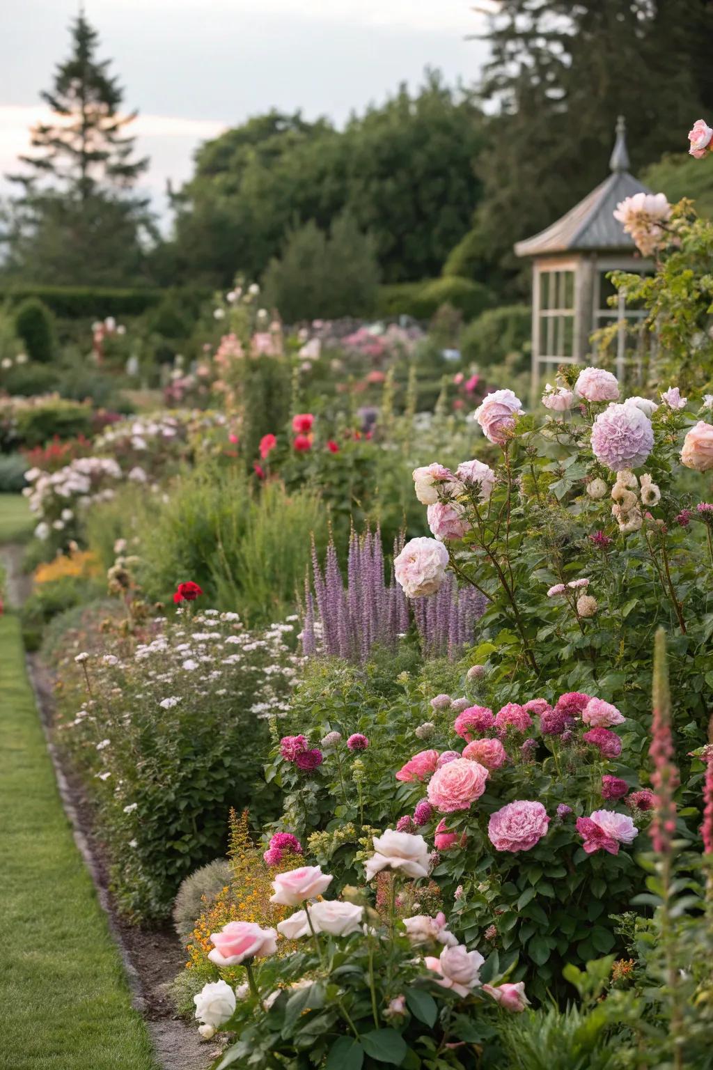 Layered planting with perennials adds depth and visual interest to rose gardens.