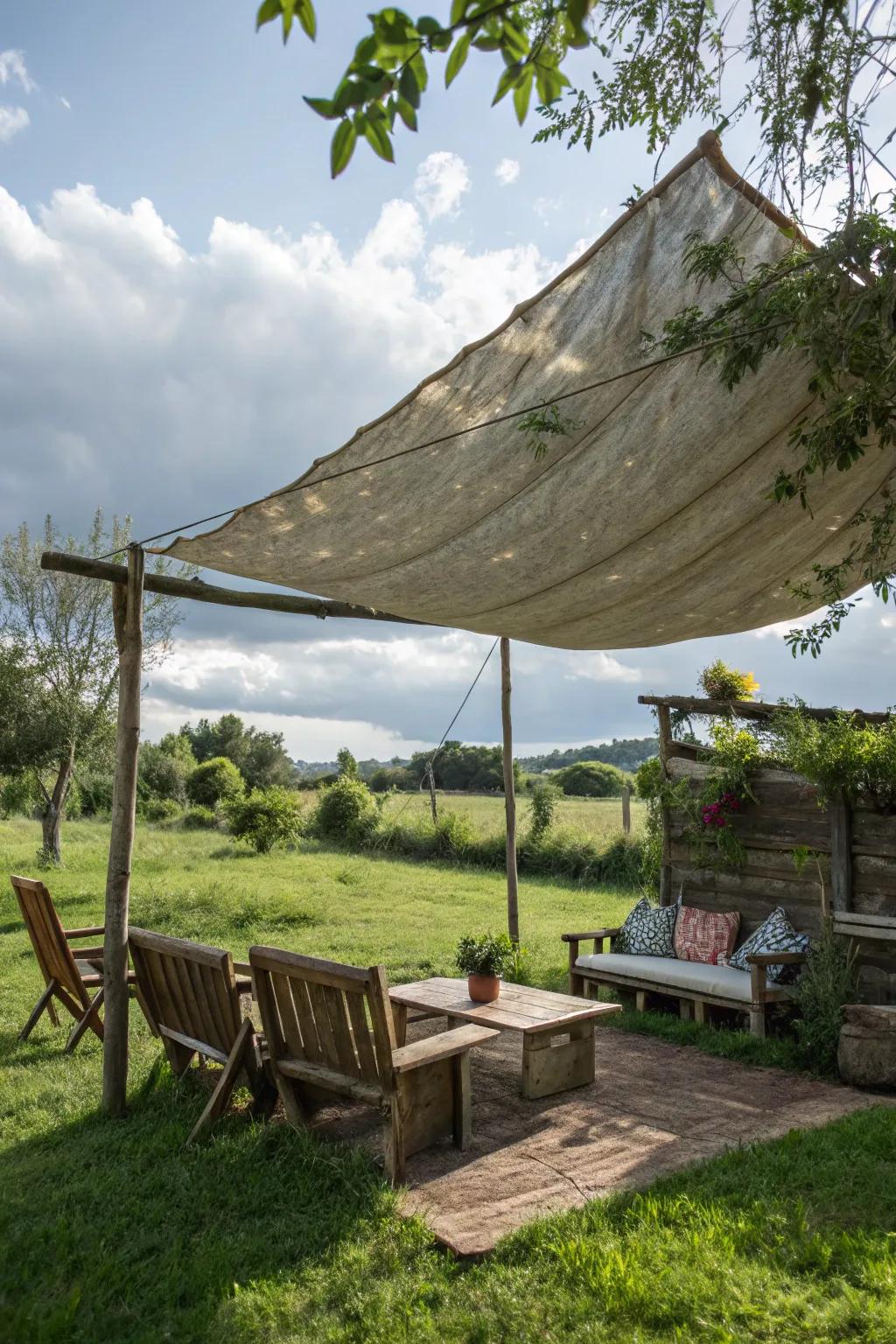 Rustic tarp covers offer a budget-friendly and creative shading option.