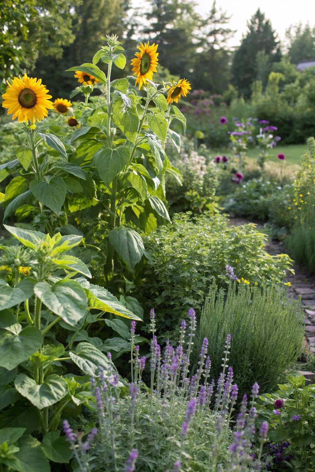 Sunflowers and herbs together, a feast for the senses.