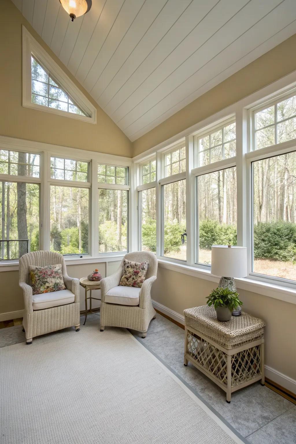 A fresh and airy sunroom with a light color palette.