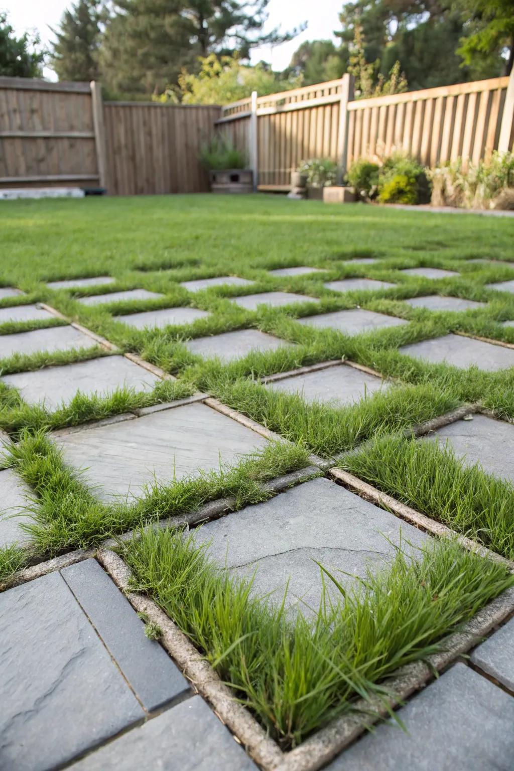 Living grass tiles merge hardscape with vibrant greenery.