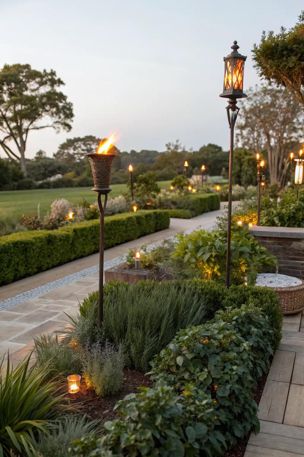 Seamlessly blend torches into your garden for a natural glow.