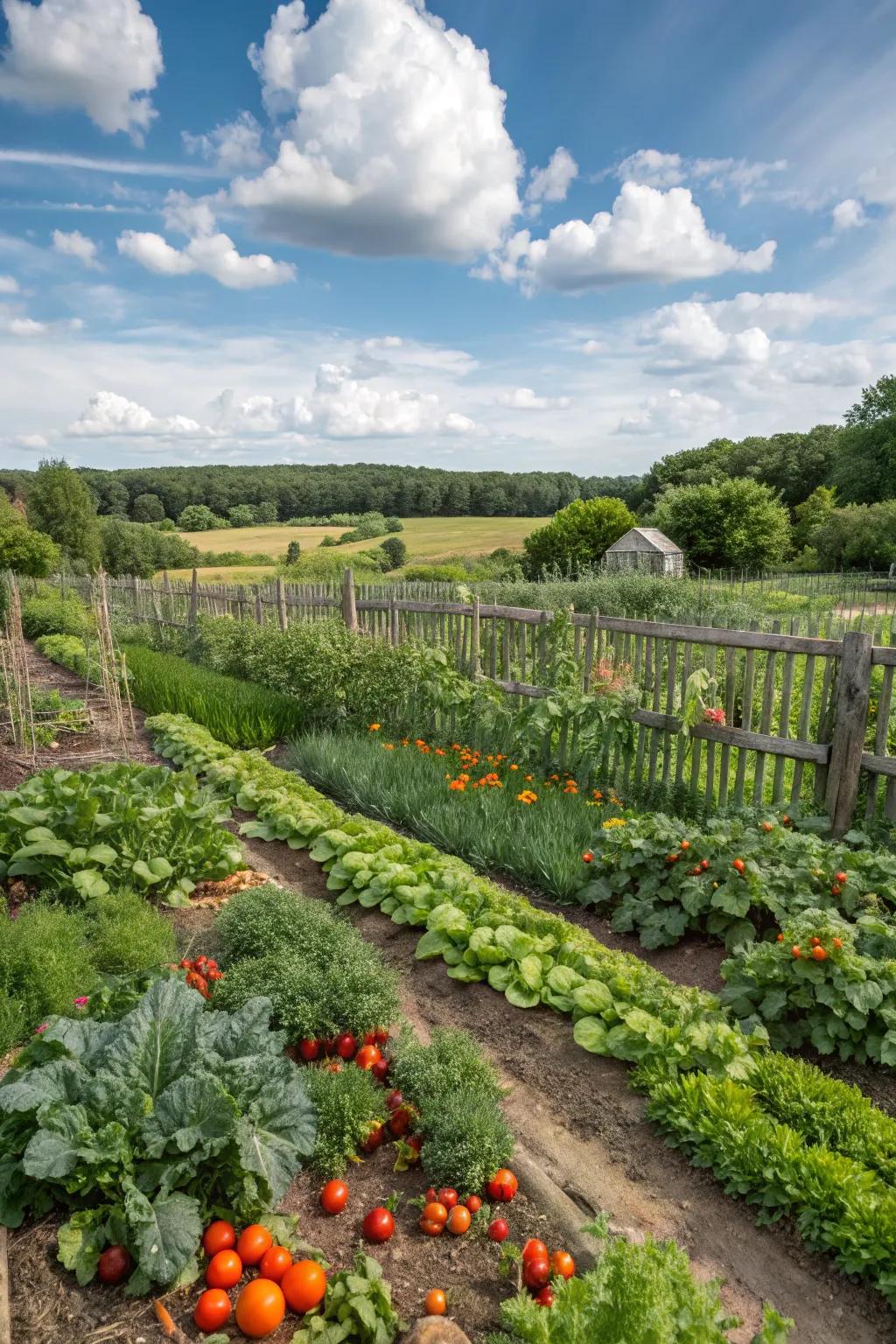 A spacious homestead garden, thriving with a variety of vegetable crops.