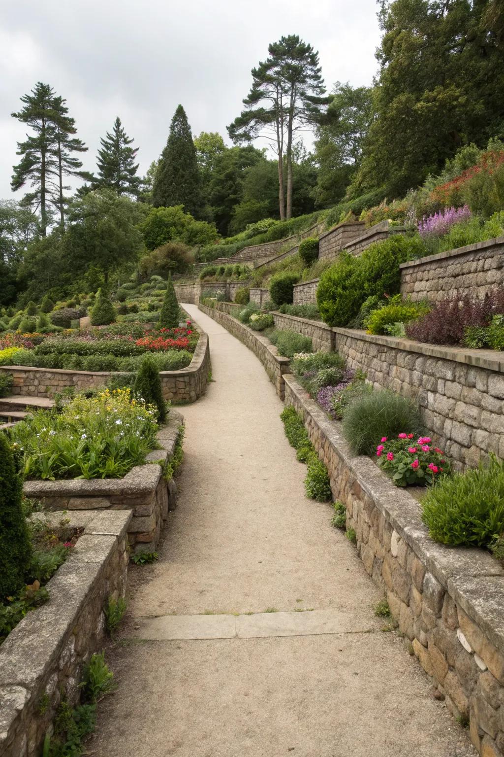 Retaining walls with paths add structure and beauty to sloped gardens.