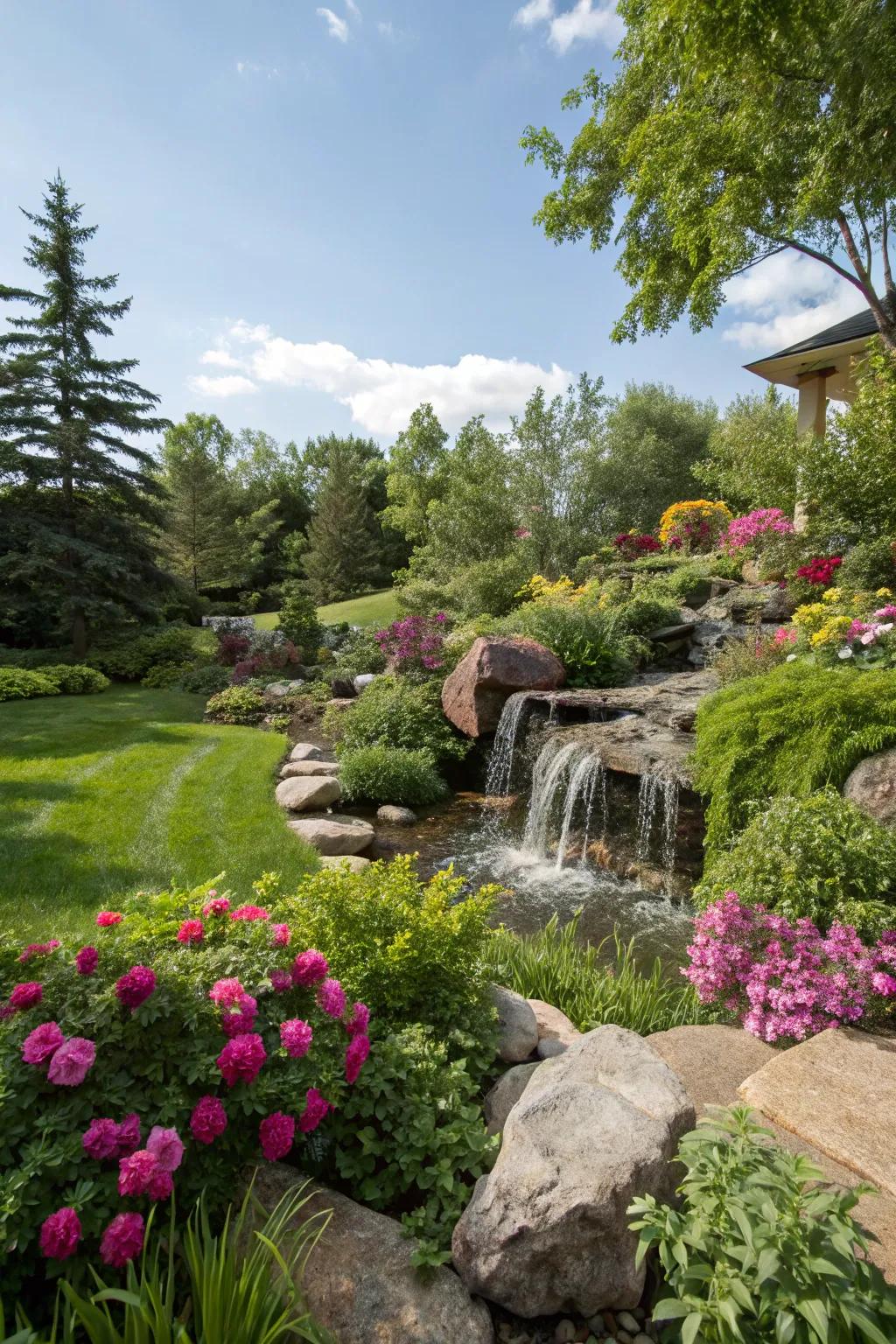 Lush landscaping enhances the natural beauty of your waterfall.