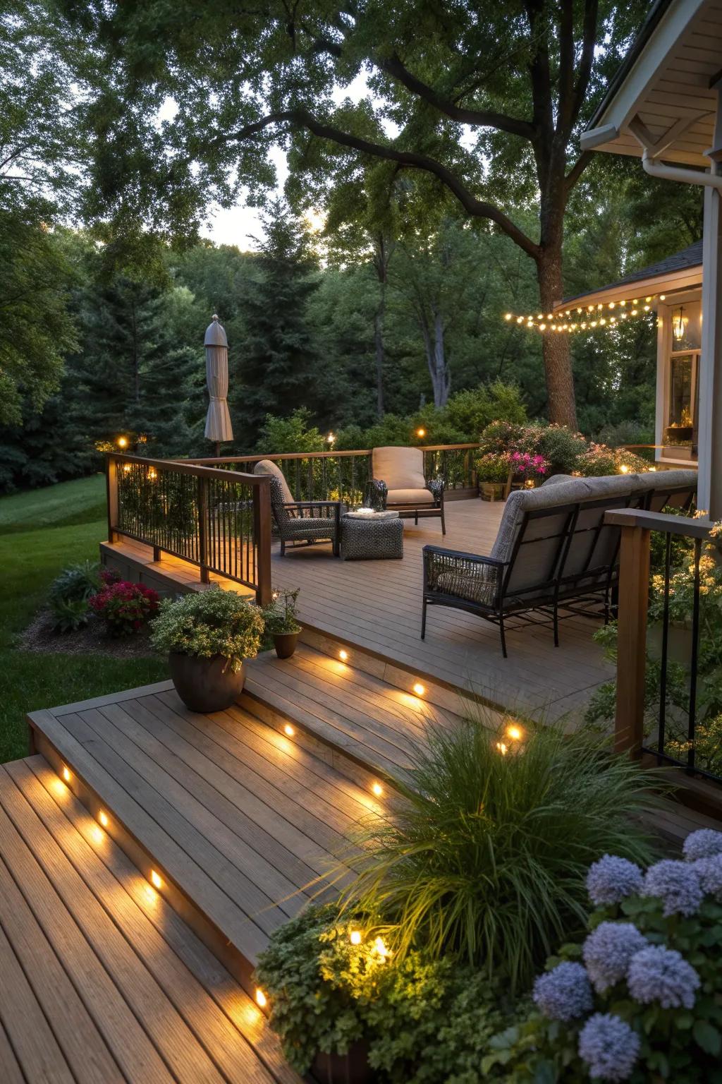 LED deck lighting creates a seamless and energy-efficient look.