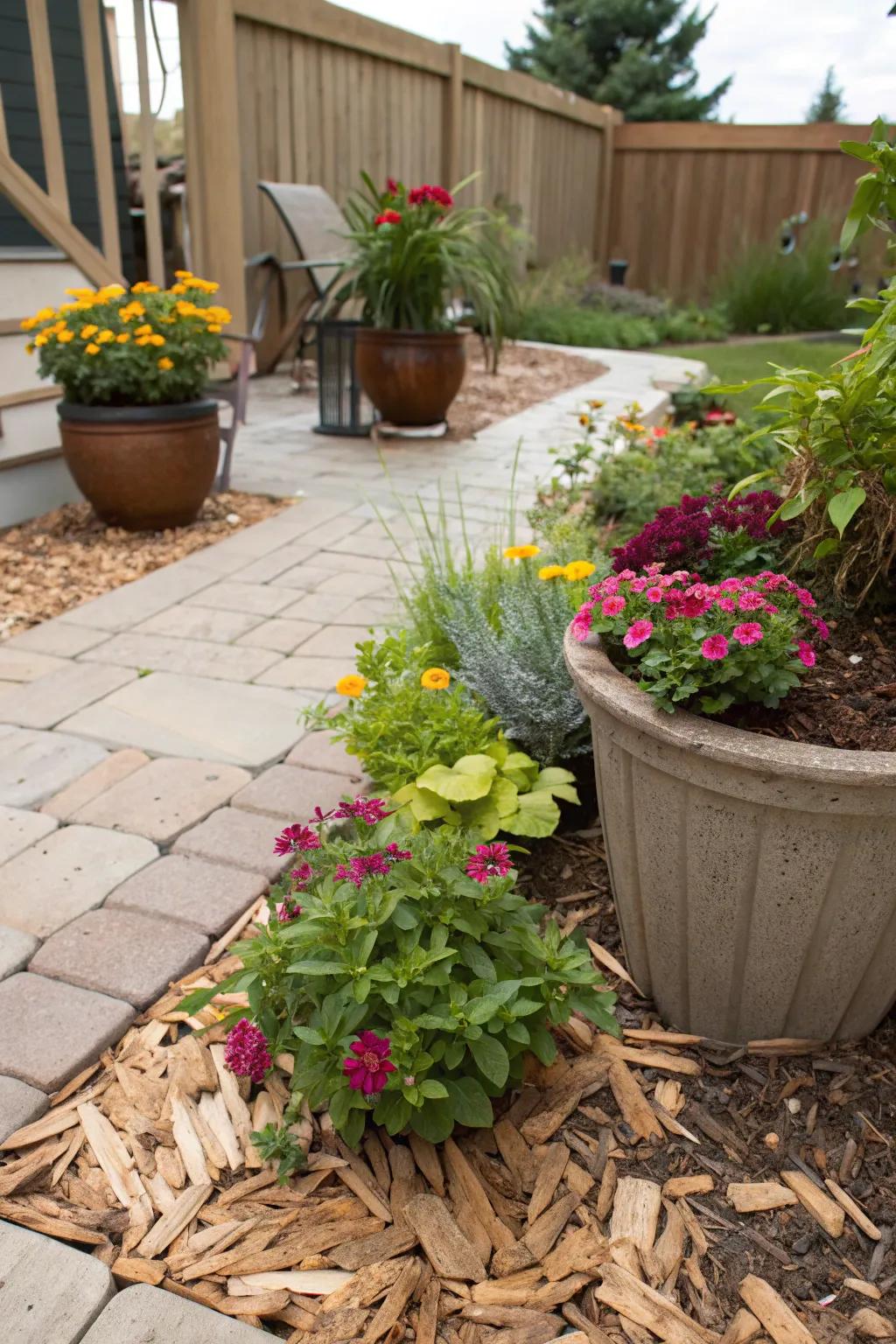Container plants thriving with a wood chip mulch.
