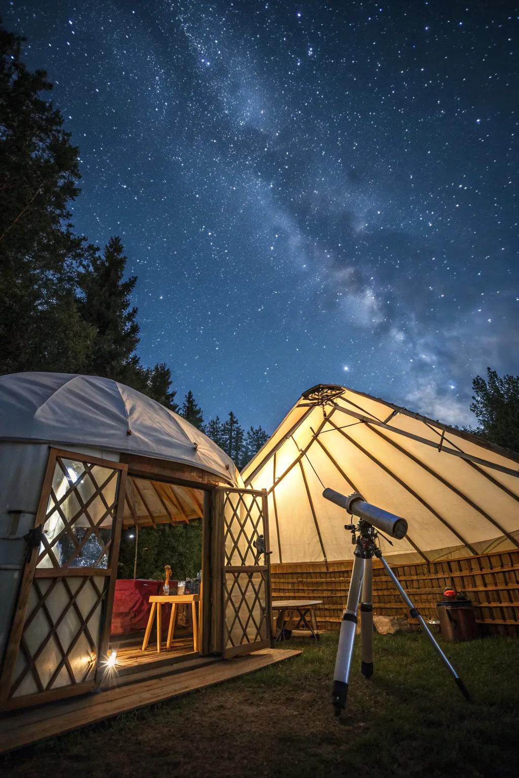 A stargazing station set up in a yurt with a view of the night sky.